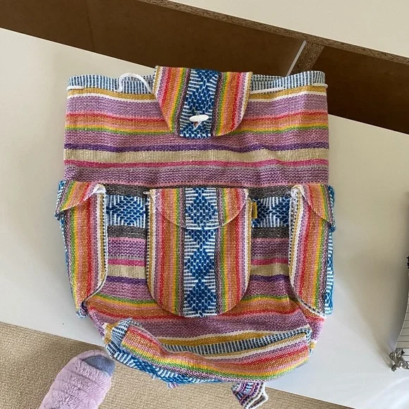 Multicolor Woven Baja-Style Backpack with Drawstring, Shell Accent & Pockets - Picture 1 of 8